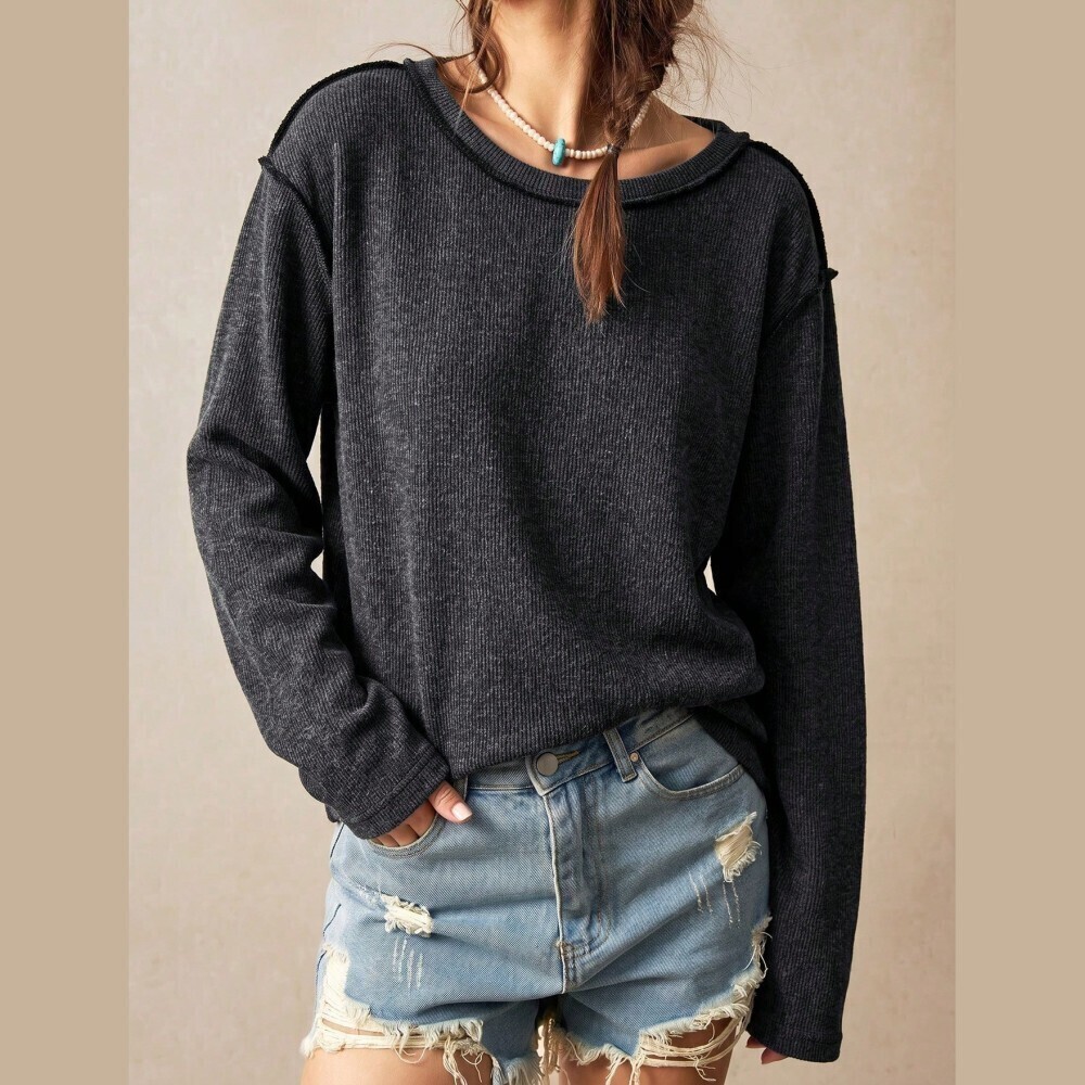 Charcoal Gray Ribbed Knit Raw Edge Long Sleeve Top